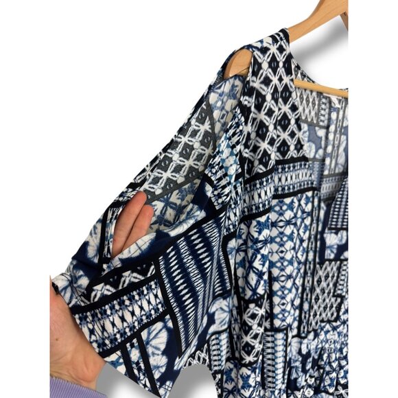 Blue Patchwork Tie-Dye Print Asymmetrical Dress with Tie Size 2X 18 20 Plus Sz - Picture 3 of 8